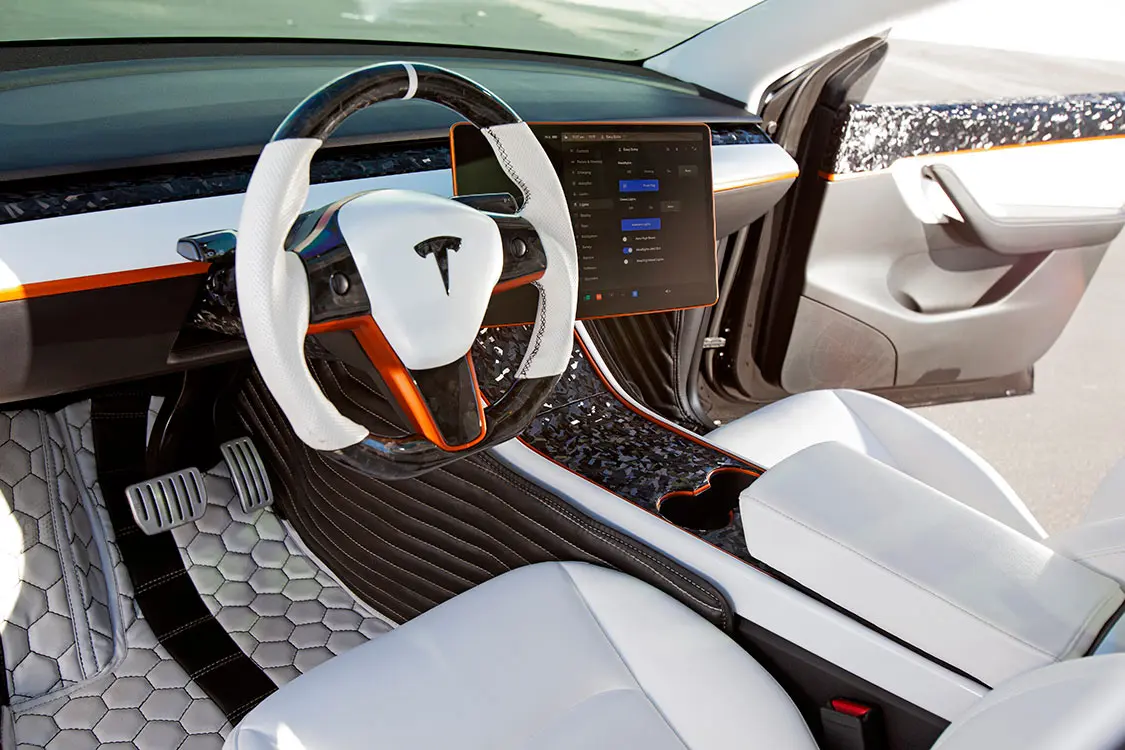 White and Orange interior on a 2020 Tesla Model Y